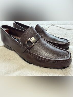 $990 Salvatore Ferragamo Gancini Strap Horse-bit Brown Leather Loafers Shoes 8 9